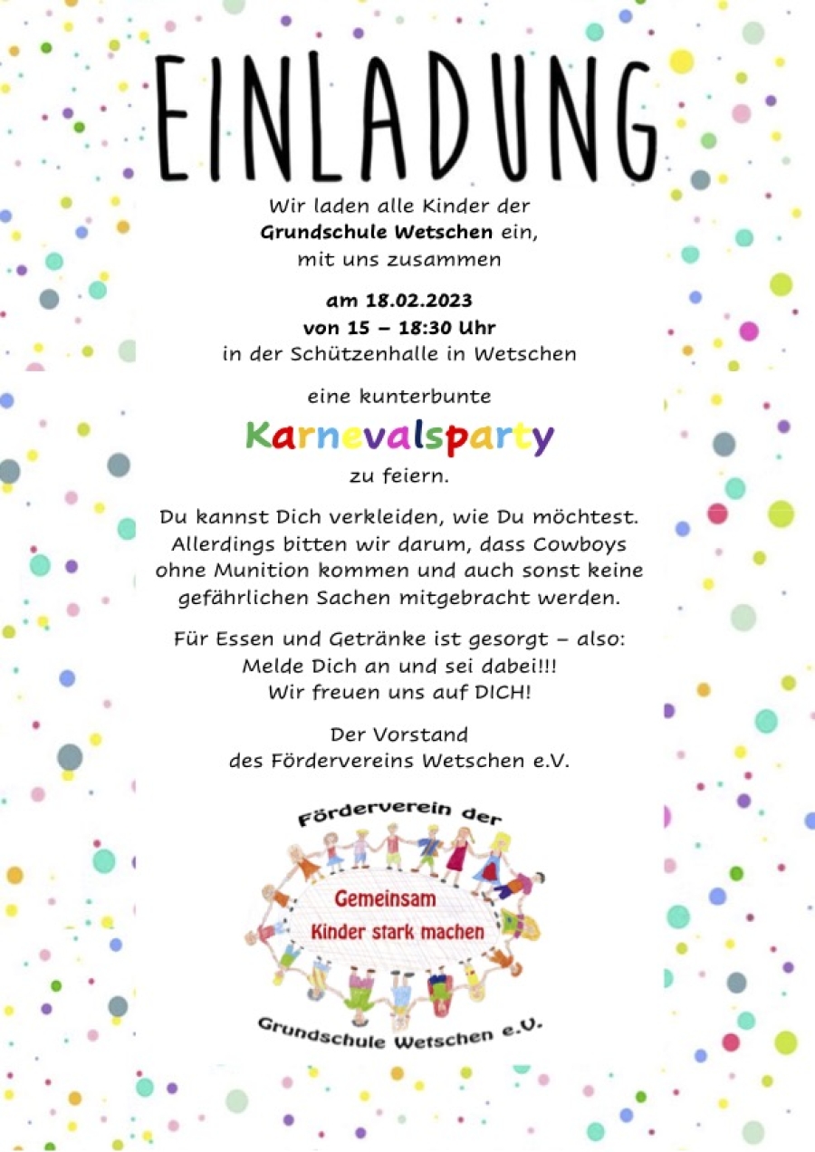 Karnevalsparty für alle Wetscher Grundschulkinder